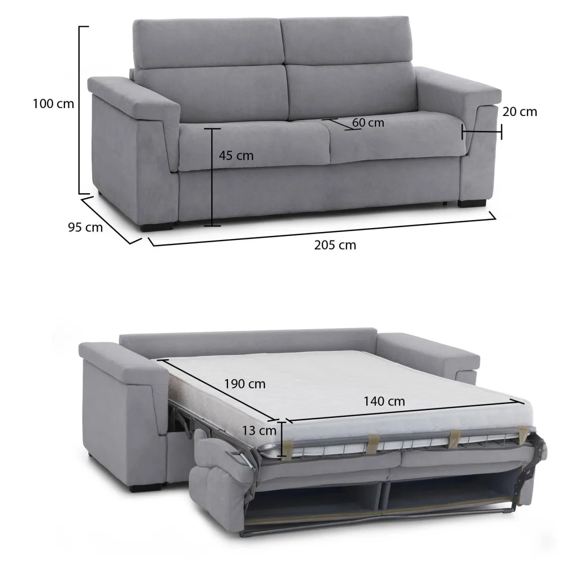 Divano Letto 2 Posti Grigio Sfoderabile Contenitore 205x95 cm, di Apertura a Ribalta Made in Italy - Biscossi