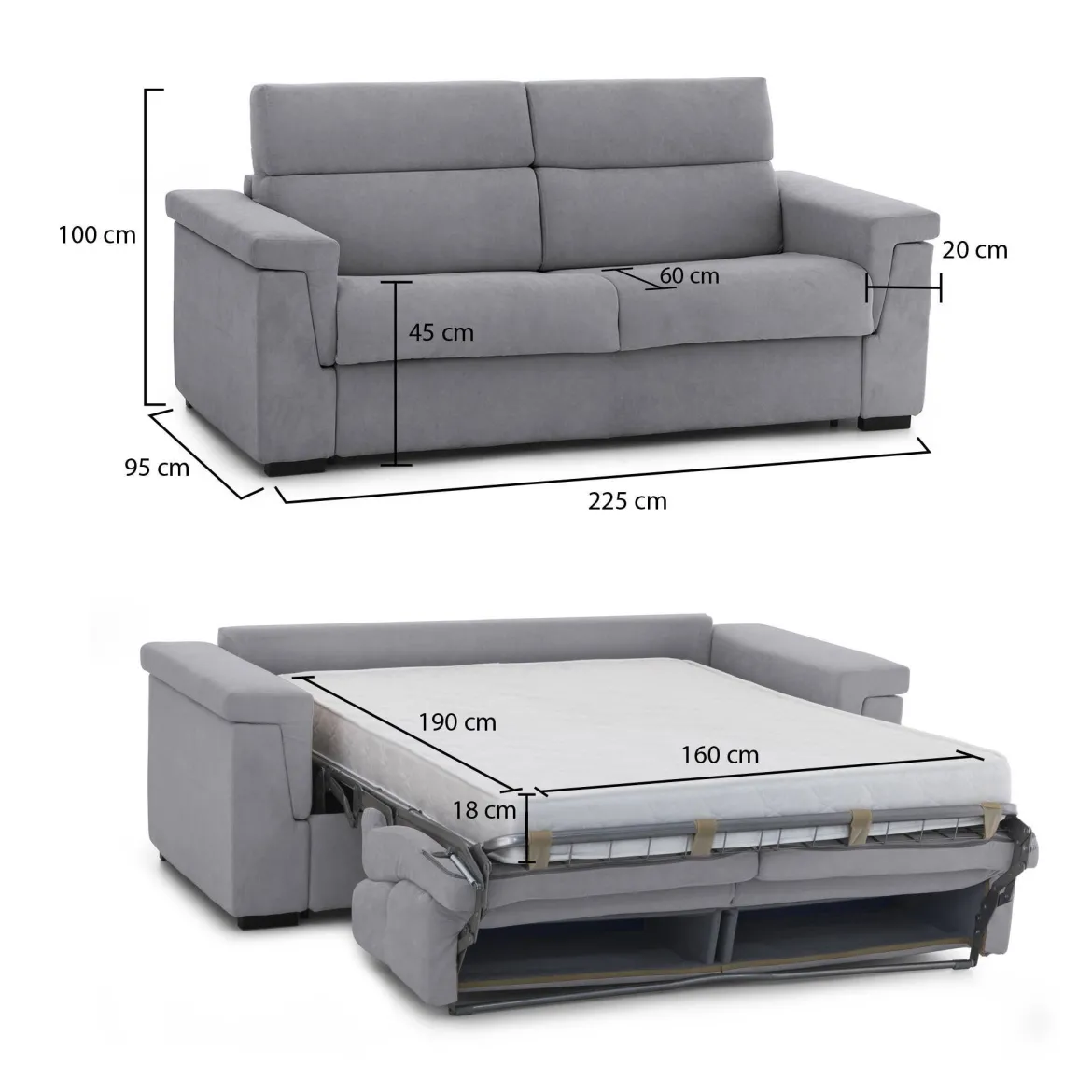 Divano Letto 3 Posti Grigio Sfoderabile Contenitore 225x95 cm, Lavabile Made in Italy - Nus