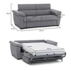 Divano Letto 3 Posti Grigio Sfoderabile Contenitore 225x95 cm, Lavabile Made in Italy - Pacecos