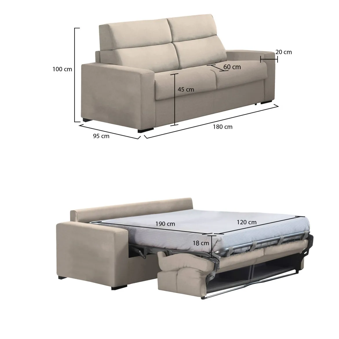 Divano Letto 2 Posti Grigio Tortora Sfoderabile Contenitore 180x95 cm, di Apertura a Ribalta Made in Italy - Trovo