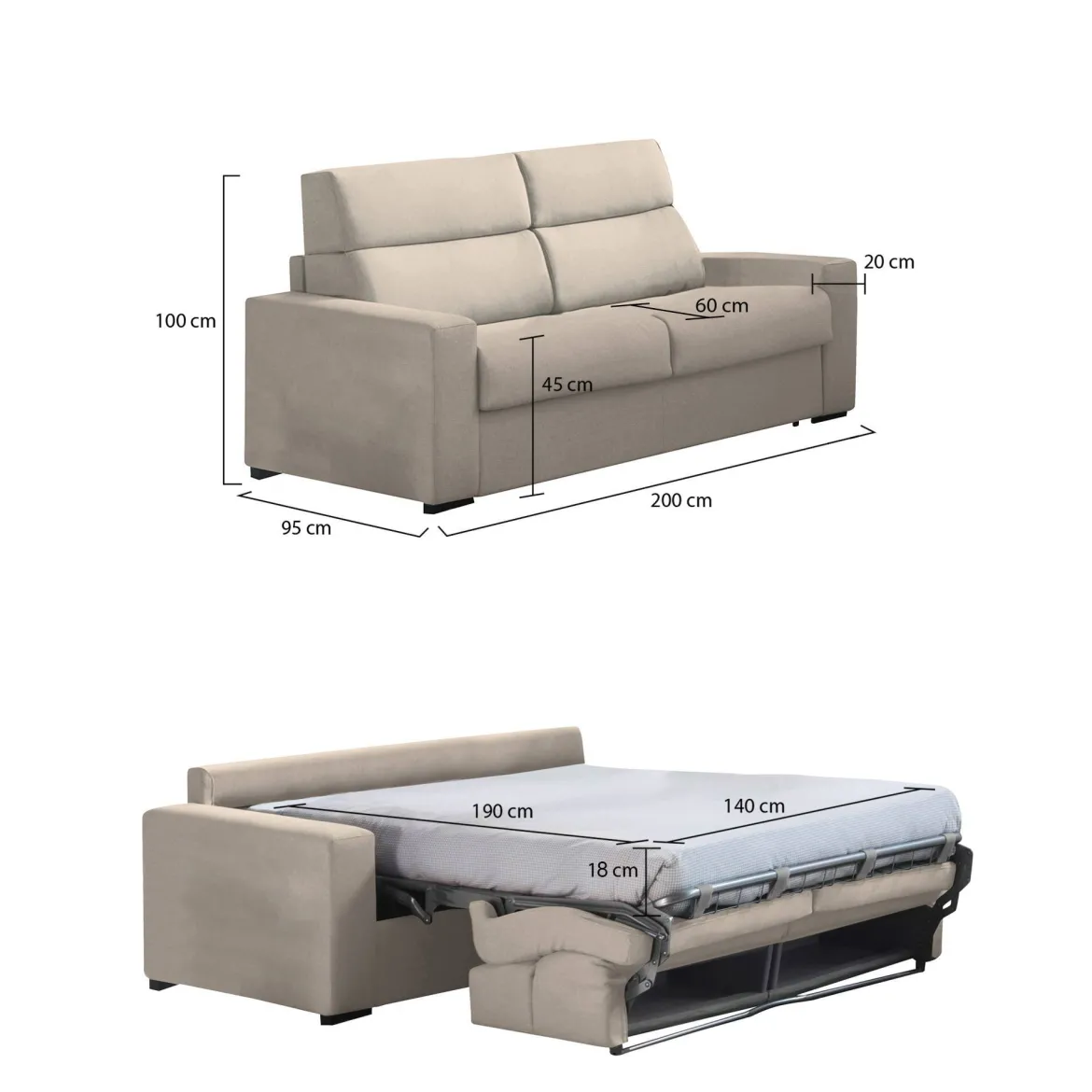 Divano Letto 2 Posti Grigio Tortora Sfoderabile Contenitore 200x95 cm, di Apertura a Ribalta Made in Italy - Sonico