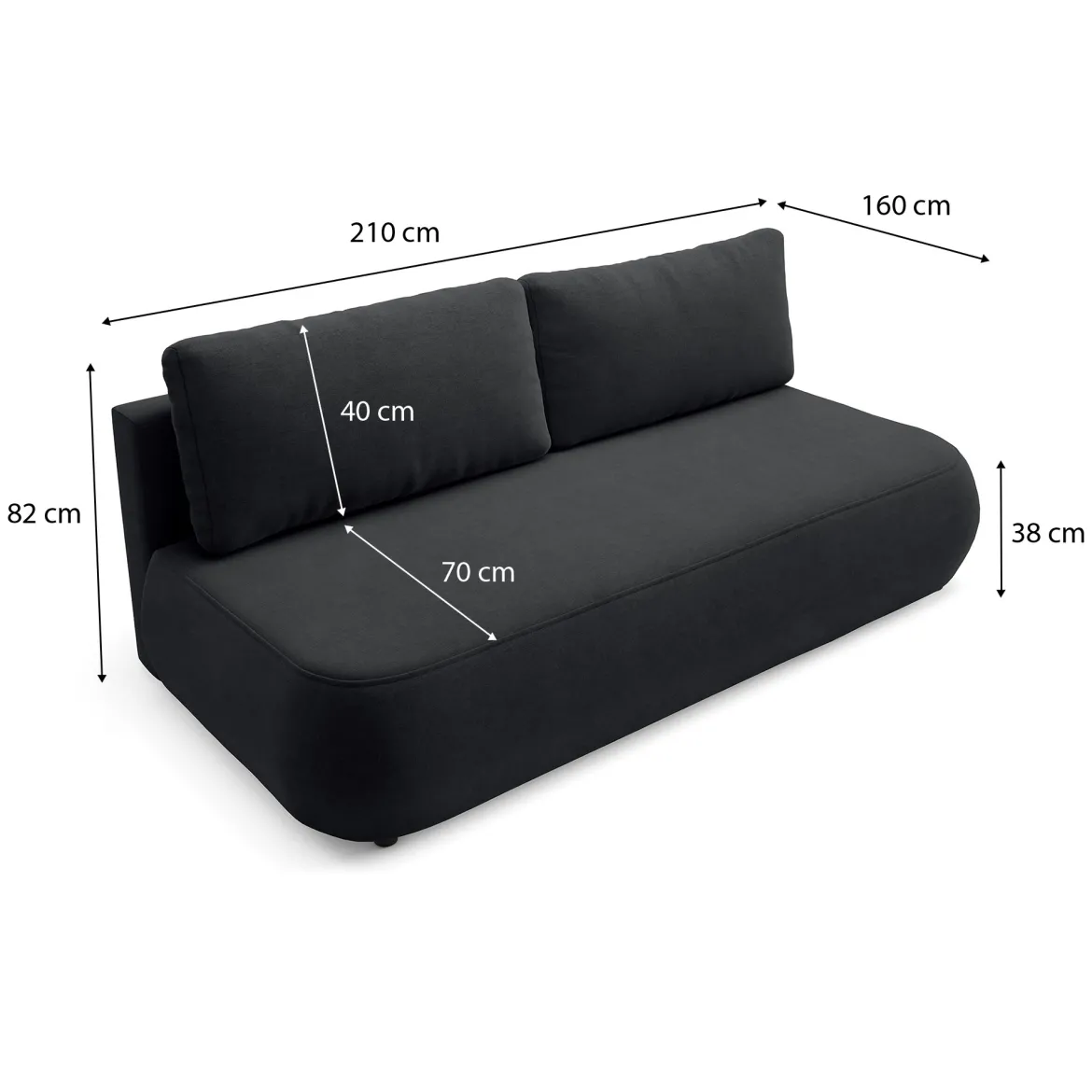Divano Letto 2 Posti Nero Contenitore Cuscini Sfoderabili 210x106 cm, Reclinabile - Brugnato