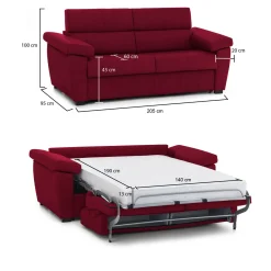 Divano Letto 2 Posti Rosso Sfoderabile Contenitore 205x95 cm, di Apertura a Ribalta Made in Italy - Biscossi