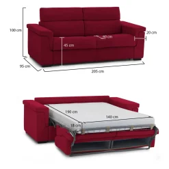 Divano Letto 2 Posti Rosso Sfoderabile Contenitore 205x95 cm, di Apertura a Ribalta Made in Italy - Brusasco