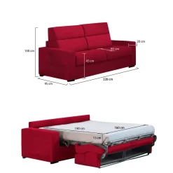 Divano Letto 3 Posti Rosso Sfoderabile Contenitore 220x95 cm, Lavabile Made in Italy - Marcon