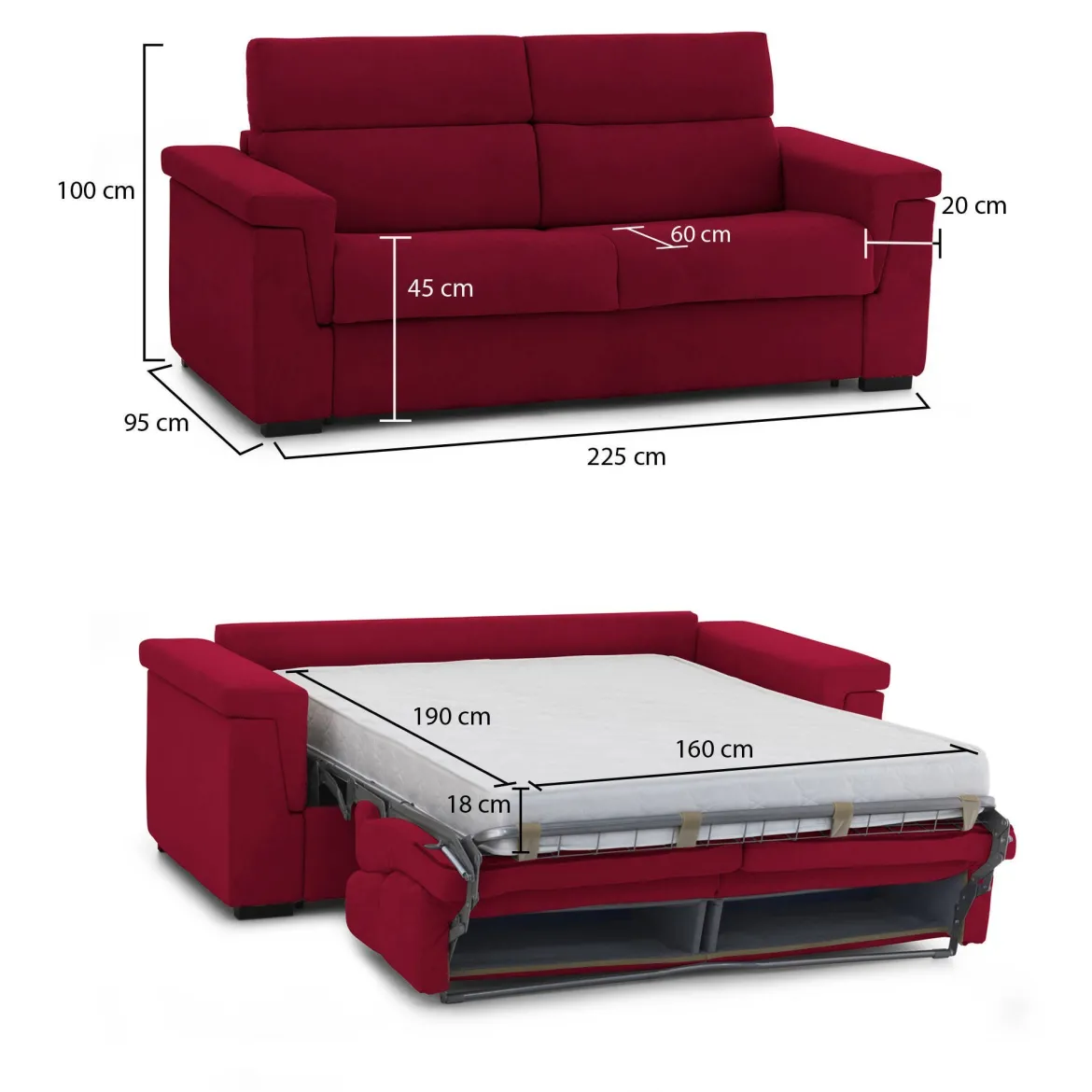 Divano Letto 3 Posti Rosso Sfoderabile Contenitore 225x95 cm, Lavabile Made in Italy - Benedetto