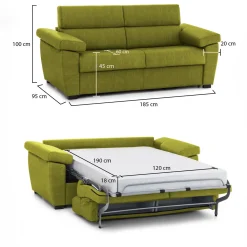 Divano Letto 2 Posti Verde Sfoderabile Contenitore 185x95 cm, di Apertura a Ribalta Made in Italy - Salorno