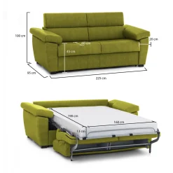 Divano Letto 3 Posti Verde Sfoderabile Lavabile 205x86 cm, Idrorepellente Letto Estraibile Made in Italy - Avellana