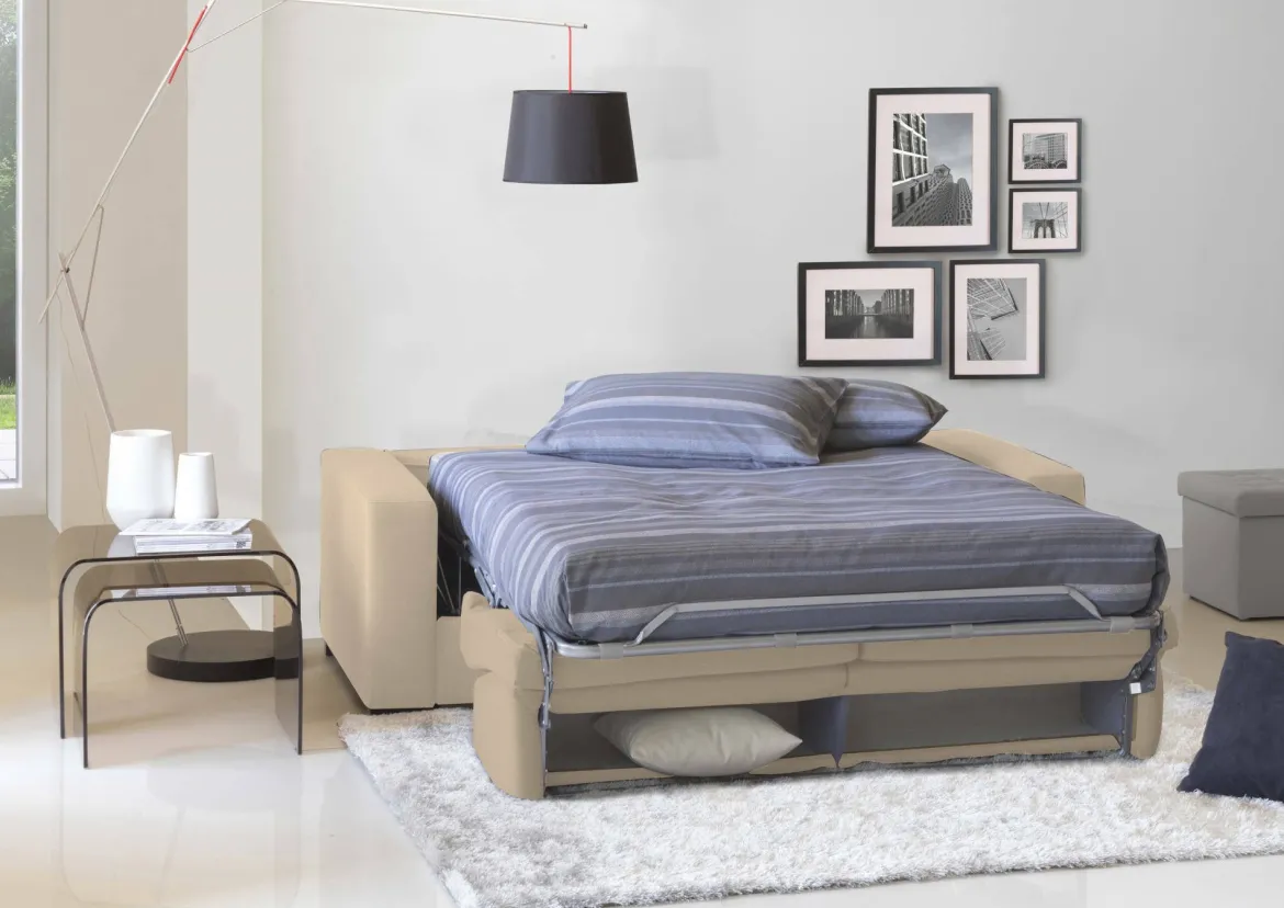 Divano Letto 2 Posti 200x95 cm con Contenitore Apertura a Ribalta in Tessuto Sfoderabile Beige Made in Italy Materasso 140x190 – Andymion