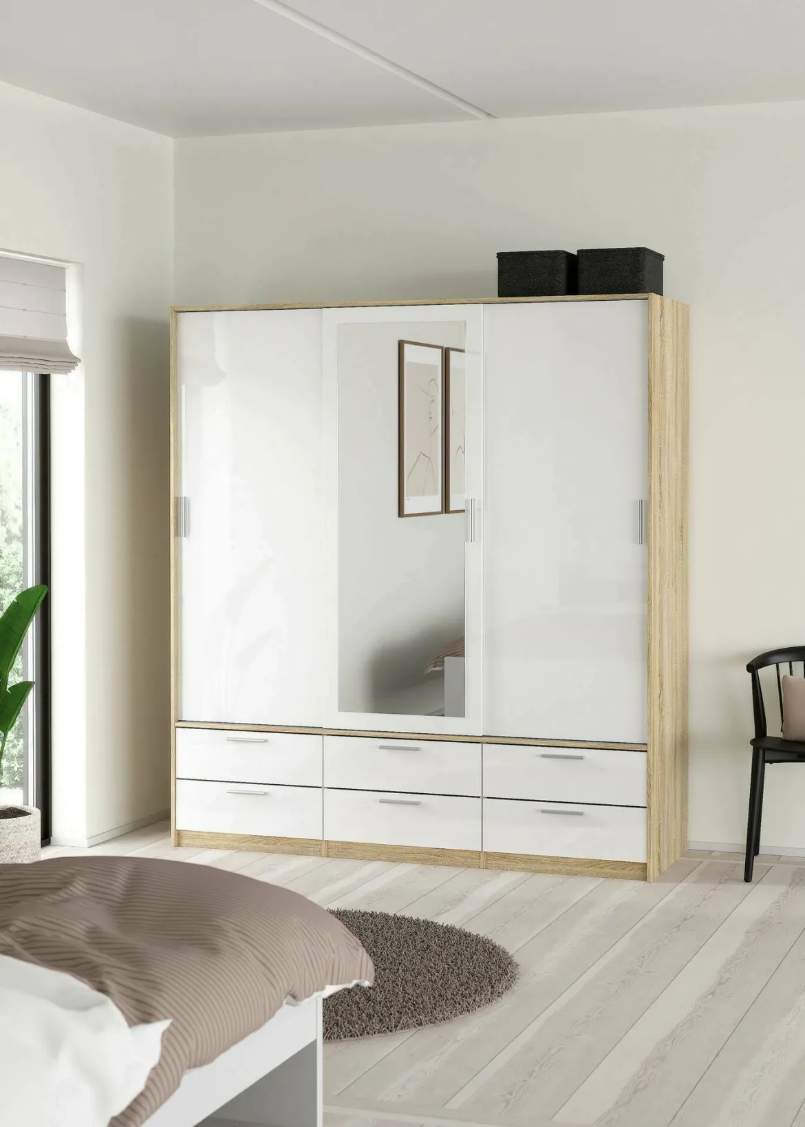 Guardaroba 3 ante Anabelle, Mobile camera da letto, Cabina armadio portabiti, Armadio appendiabiti, 181x60 h200 cm, Quercia e Bianco