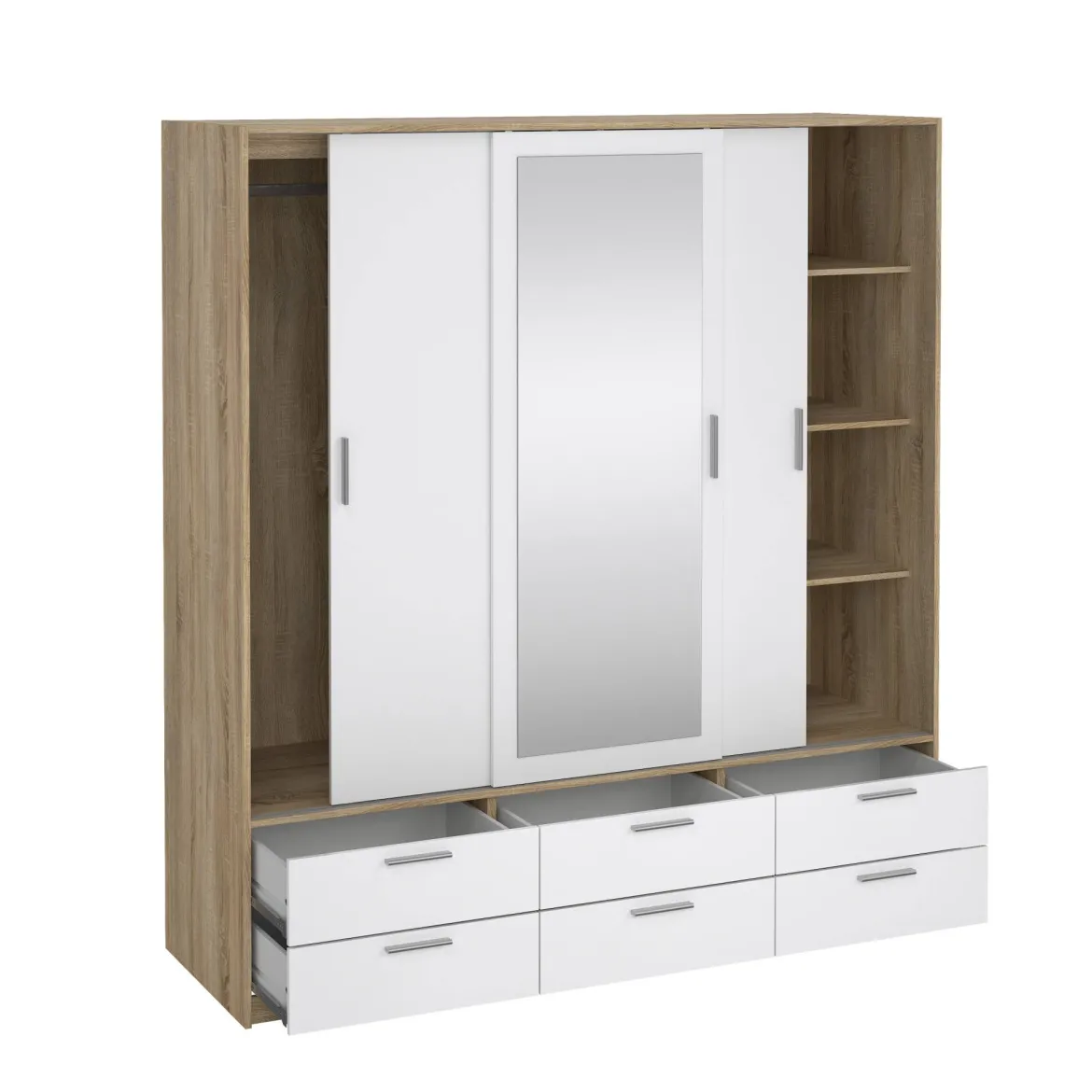 Guardaroba 3 ante Anabelle, Mobile camera da letto, Cabina armadio portabiti, Armadio appendiabiti, 181x60 h200 cm, Quercia e Bianco