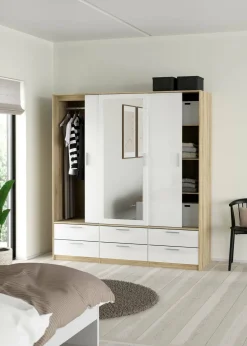Guardaroba 3 ante Anabelle, Mobile camera da letto, Cabina armadio portabiti, Armadio appendiabiti, 181x60 h200 cm, Quercia e Bianco