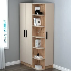 Guardaroba 3 Ante Beige Marrone Rovere 10 Ripiani Appendiabiti 90x50 cm, Apertura Battente - Cusago