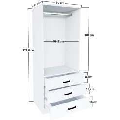 Guardaroba 2 Ante Bianco Appendiabiti 3 Cassetti 60x175h cm, Apertura Battente, Scorrevole - Sondrio