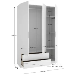 Guardaroba 3 Ante Bianco Appendiabiti 2 Cassetti 51x137 cm, 3 Ripiani - Mayos