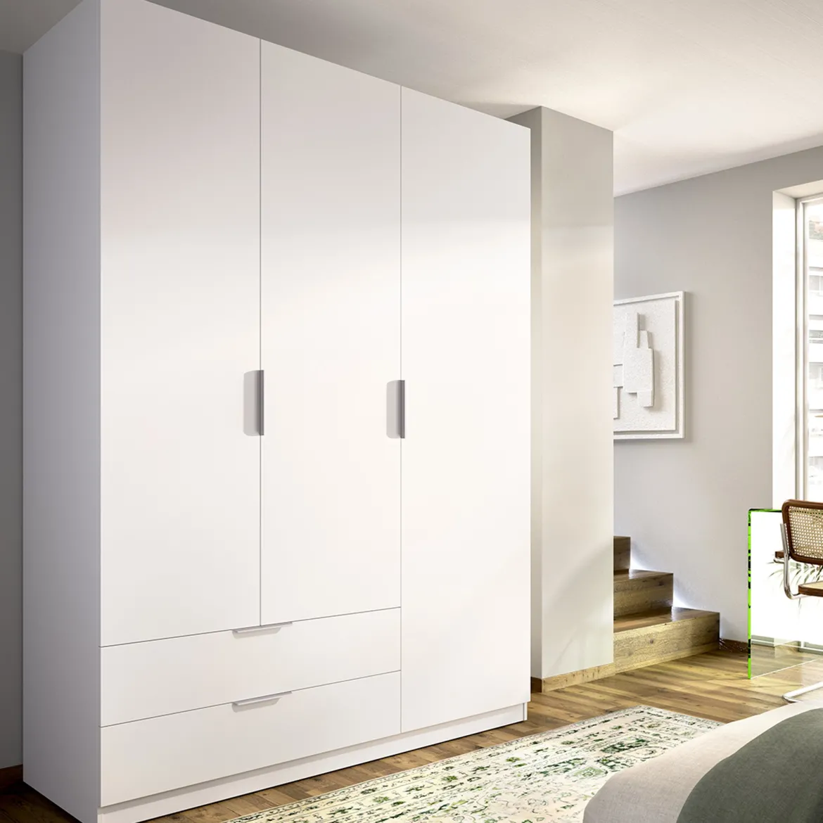 Guardaroba 3 Ante Bianco Appendiabiti 2 Cassetti 51x137 cm, 3 Ripiani - Mayos