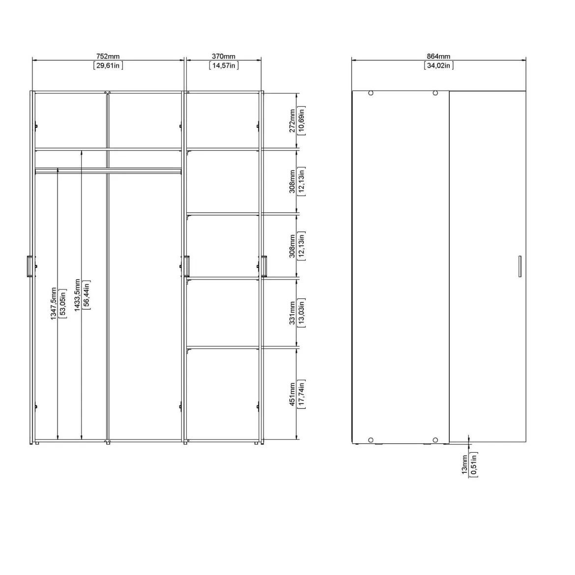 Guardaroba 3 Ante Bianco Appendiabiti 5 Ripiani 115x49 cm, Apertura Battente - Ruffano