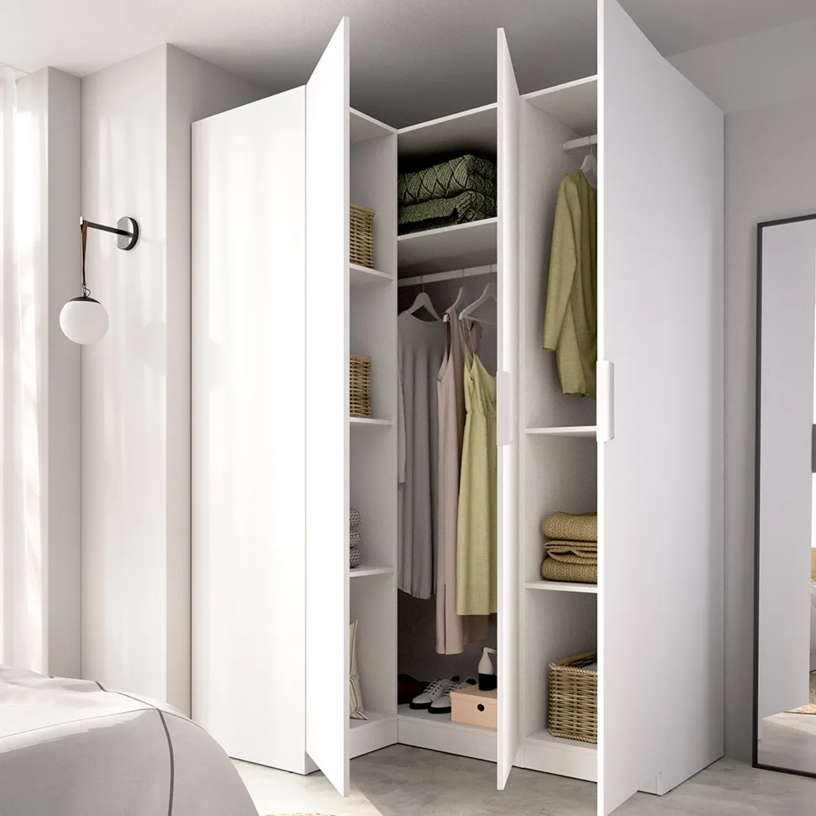 Guardaroba 3 Ante Bianco Appendiabiti Cassetti 95x142 cm, 6 Ripiani - Reeves