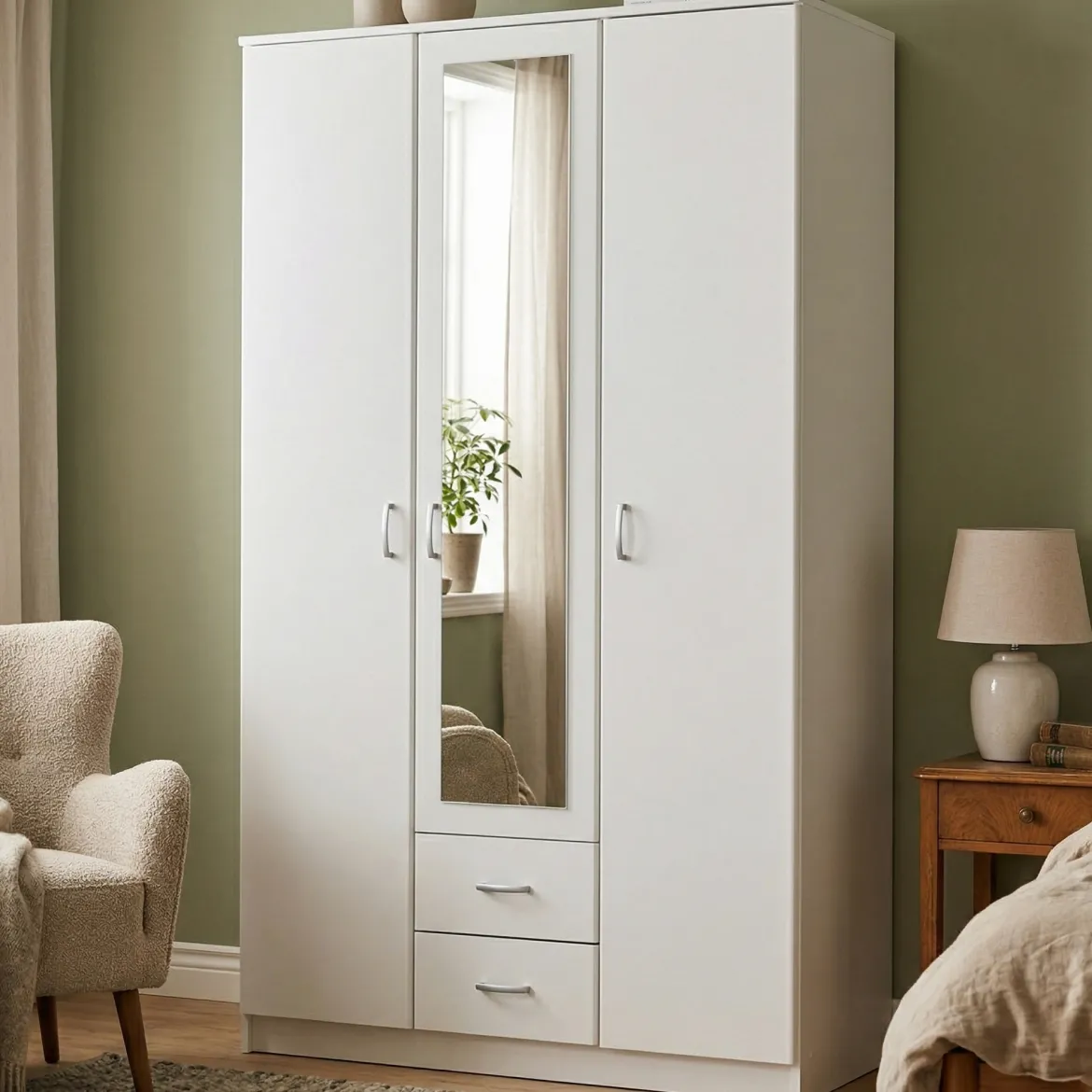 Guardaroba 3 Ante Bianco Bianco 4 Ripiani 2 Cassetti 120x52 cm, Appendiabiti - Crati