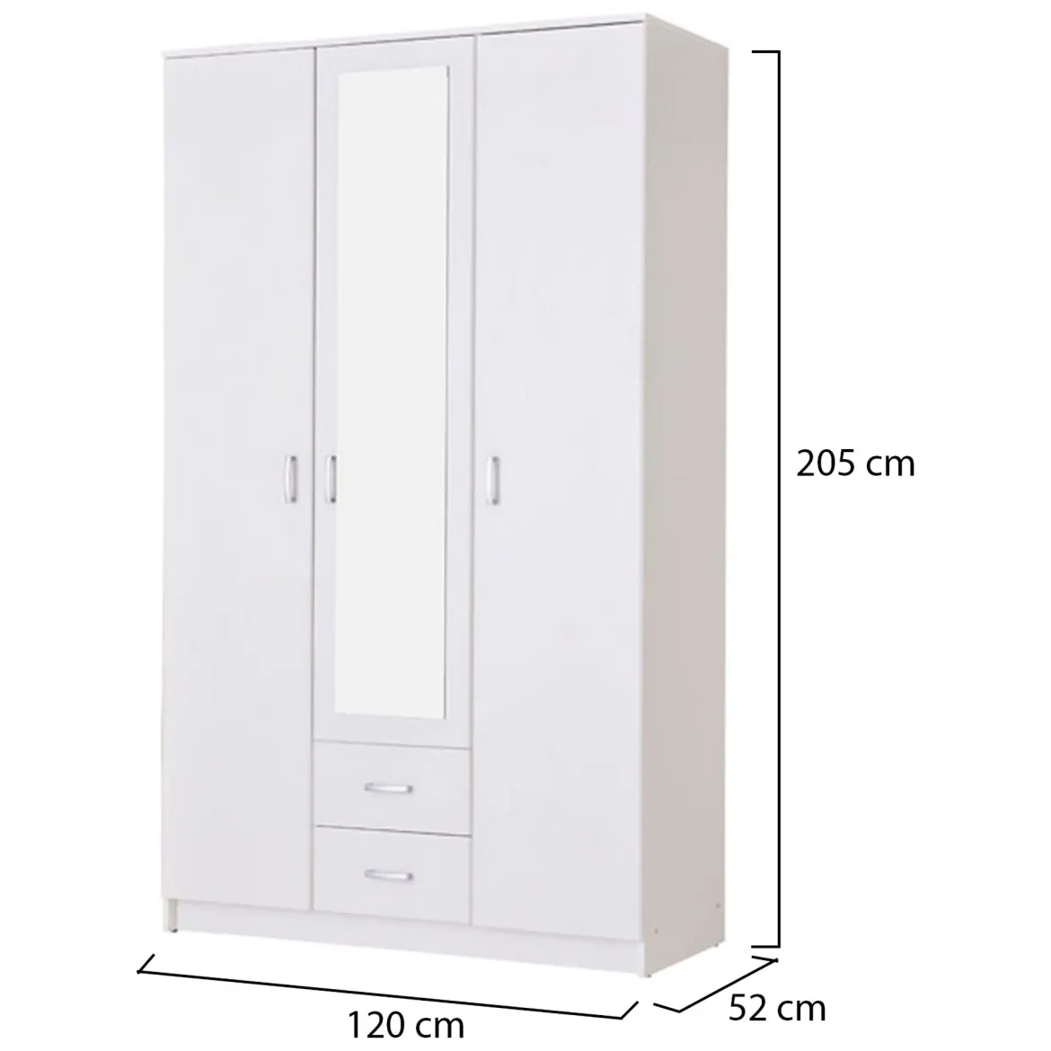 Guardaroba 3 Ante Bianco Bianco 4 Ripiani 2 Cassetti 120x52 cm, Appendiabiti - Crati