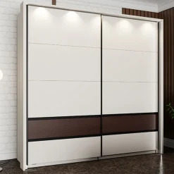 Guardaroba 2 Ante Bianco Crema Marrone Noce 2 Ripiani Appendiabiti 220x217h cm, Apertura Scorrevole - Vangvi