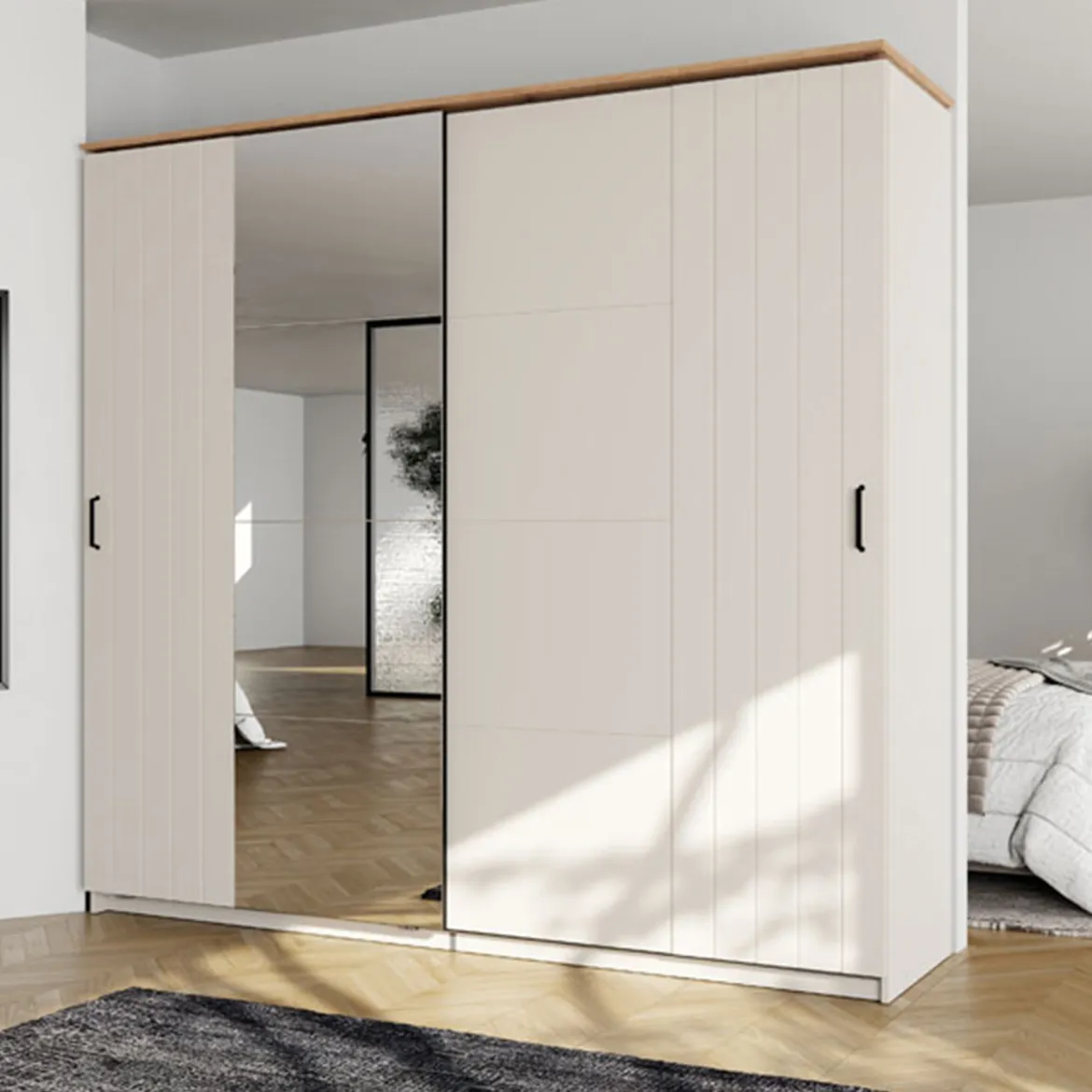 Guardaroba 2 Ante Bianco Crema Nero 4 Ripiani Appendiabiti 205x216h cm, 2 Cassetti - Copala