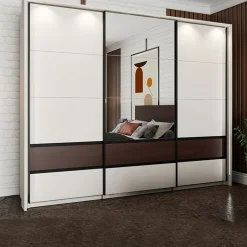 Guardaroba 3 Ante Bianco Crema Marrone Noce 3 Ripiani Appendiabiti 267x62 cm, Apertura Scorrevole - Sapa