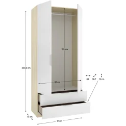 Guardaroba 2 Ante Bianco Marrone Rovere Appendiabiti Cassetti 51x204h cm, un Ripiano - Tulot