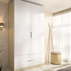 Guardaroba 2 Ante Bianco Marrone Rovere Appendiabiti Cassetti 51x204h cm, un Ripiano - Tulot