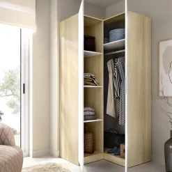 Guardaroba 2 Ante Bianco Marrone Rovere Appendiabiti Cassetti 95x204h cm, 4 Ripiani - Luber