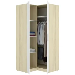 Guardaroba 2 Ante Bianco Marrone Rovere Appendiabiti Cassetti 95x204h cm, 4 Ripiani - Luber
