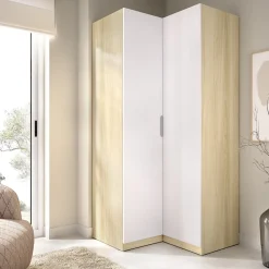 Guardaroba 2 Ante Bianco Marrone Rovere Appendiabiti Cassetti 95x204h cm, 4 Ripiani - Luber
