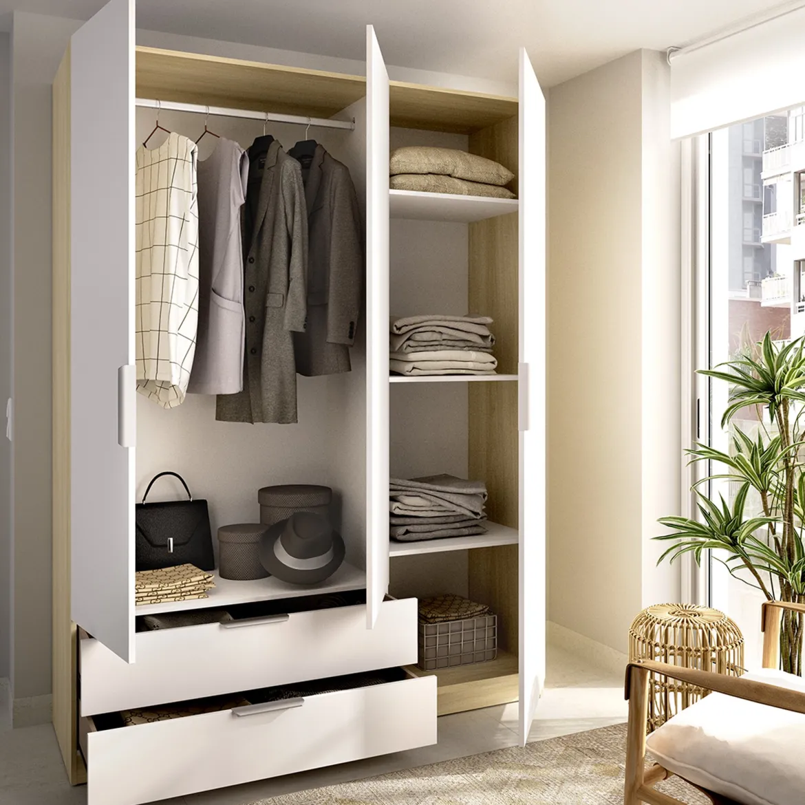 Guardaroba 3 Ante Bianco Marrone Rovere Appendiabiti Cassetti 95x142 cm, 6 Ripiani - Reeves