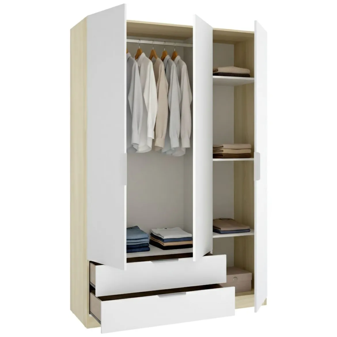 Guardaroba 3 Ante Bianco Marrone Rovere Appendiabiti Cassetti 95x142 cm, 6 Ripiani - Reeves