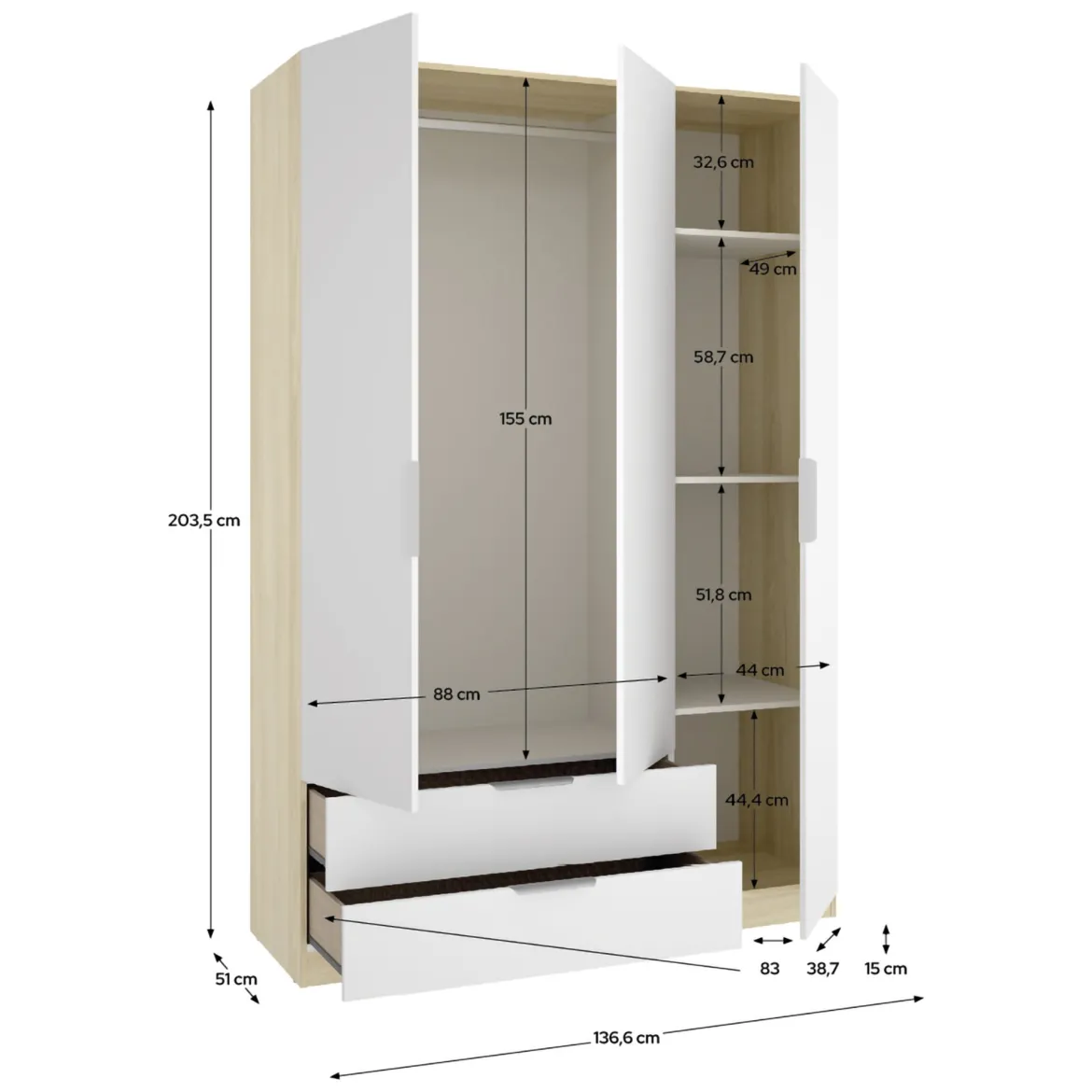 Guardaroba 3 Ante Bianco Marrone Rovere Appendiabiti Cassetti 95x142 cm, 6 Ripiani - Reeves