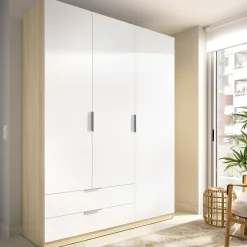 Guardaroba 3 Ante Bianco Marrone Rovere Appendiabiti Cassetti 95x142 cm, 6 Ripiani - Reeves