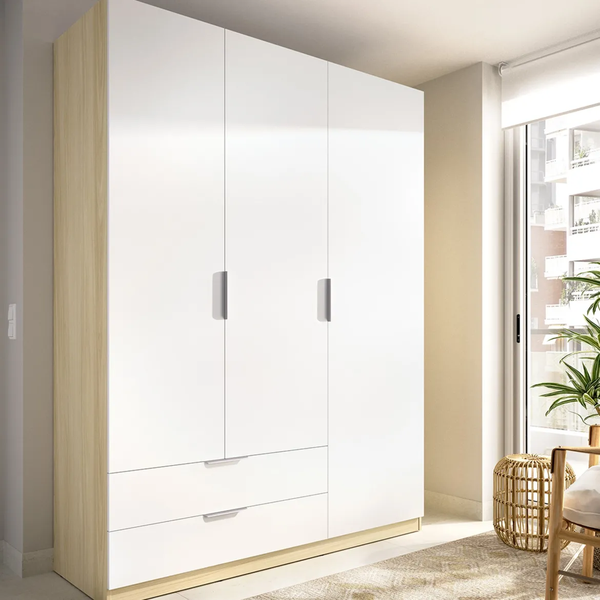 Guardaroba 3 Ante Bianco Marrone Rovere Appendiabiti Cassetti 95x142 cm, 6 Ripiani - Reeves