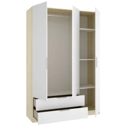 Guardaroba 3 Ante Bianco Marrone Rovere Appendiabiti Cassetti 95x142 cm, 6 Ripiani - Reeves