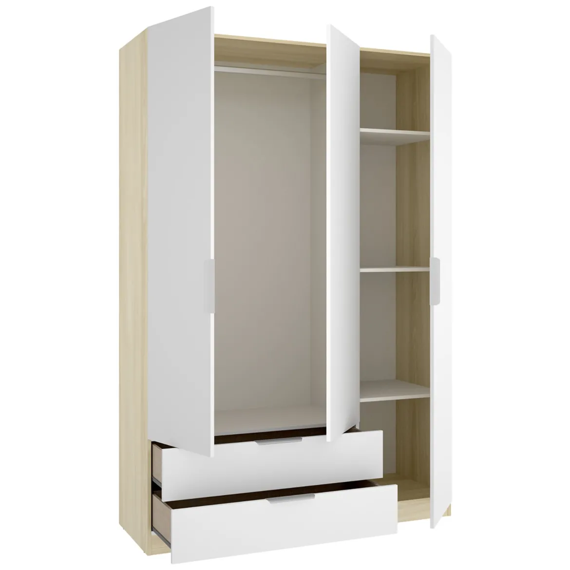 Guardaroba 3 Ante Bianco Marrone Rovere Appendiabiti Cassetti 95x142 cm, 6 Ripiani - Reeves