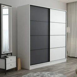 Guardaroba 2 Ante Bianco Nero Antracite 5 Ripiani Appendiabiti 180x210h cm, Apertura Scorrevole - Cuvio