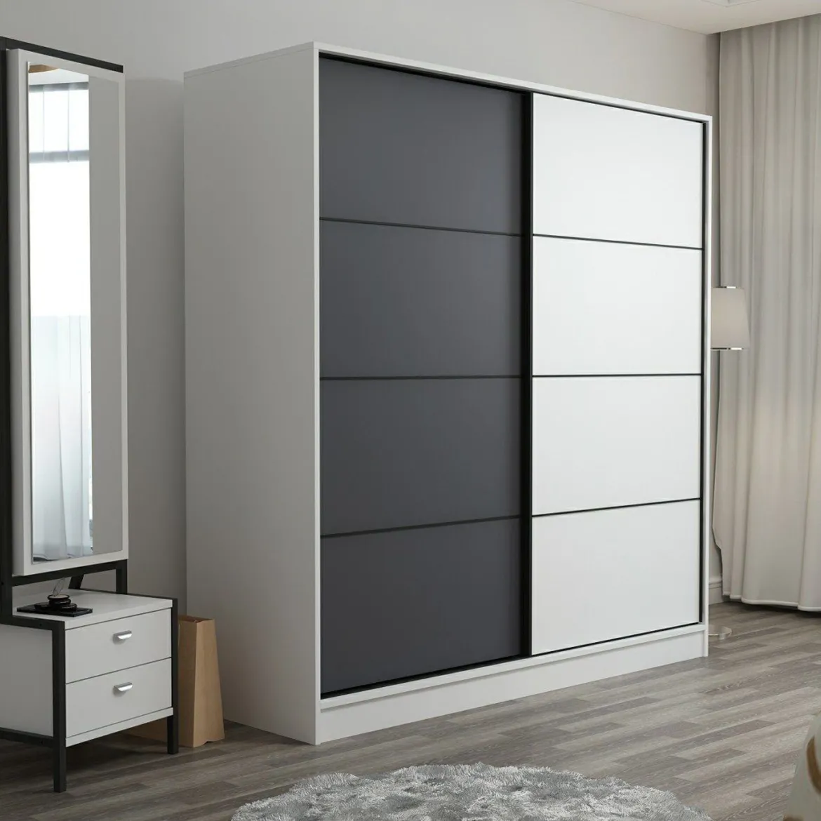 Guardaroba 2 Ante Bianco Nero Antracite 5 Ripiani Appendiabiti 180x210h cm, Apertura Scorrevole - Cuvio