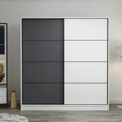 Guardaroba 2 Ante Bianco Nero Antracite 5 Ripiani Appendiabiti 180x210h cm, Apertura Scorrevole - Cuvio