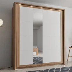 Guardaroba 2 Ante Bianco Opaco Marrone Rovere 2 Ripiani Appendiabiti 195x218h cm, Apertura Scorrevole - Bujumb