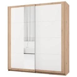 Guardaroba 2 Ante Bianco Opaco Marrone Rovere 2 Ripiani Appendiabiti 195x218h cm, Apertura Scorrevole - Bujumb