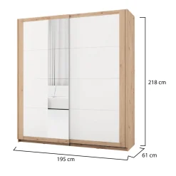 Guardaroba 2 Ante Bianco Opaco Marrone Rovere 2 Ripiani Appendiabiti 195x218h cm, Apertura Scorrevole - Bujumb