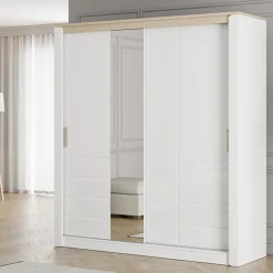 Guardaroba 2 Ante Bianco Opaco Marrone Rovere Nodi 4 Ripiani Appendiabiti 95x208h cm, Apertura Battente - Tavole