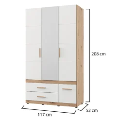 Guardaroba 3 Ante Bianco Opaco Marrone Rovere Nodi Appendiabiti 3 Cassetti 117x52 cm, 2 Ripiani - Yelapa