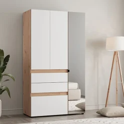 Guardaroba 3 Ante Bianco Opaco Marrone Rovere Nodi Appendiabiti 3 Cassetti 117x52 cm, 4 Ripiani - Zuccare