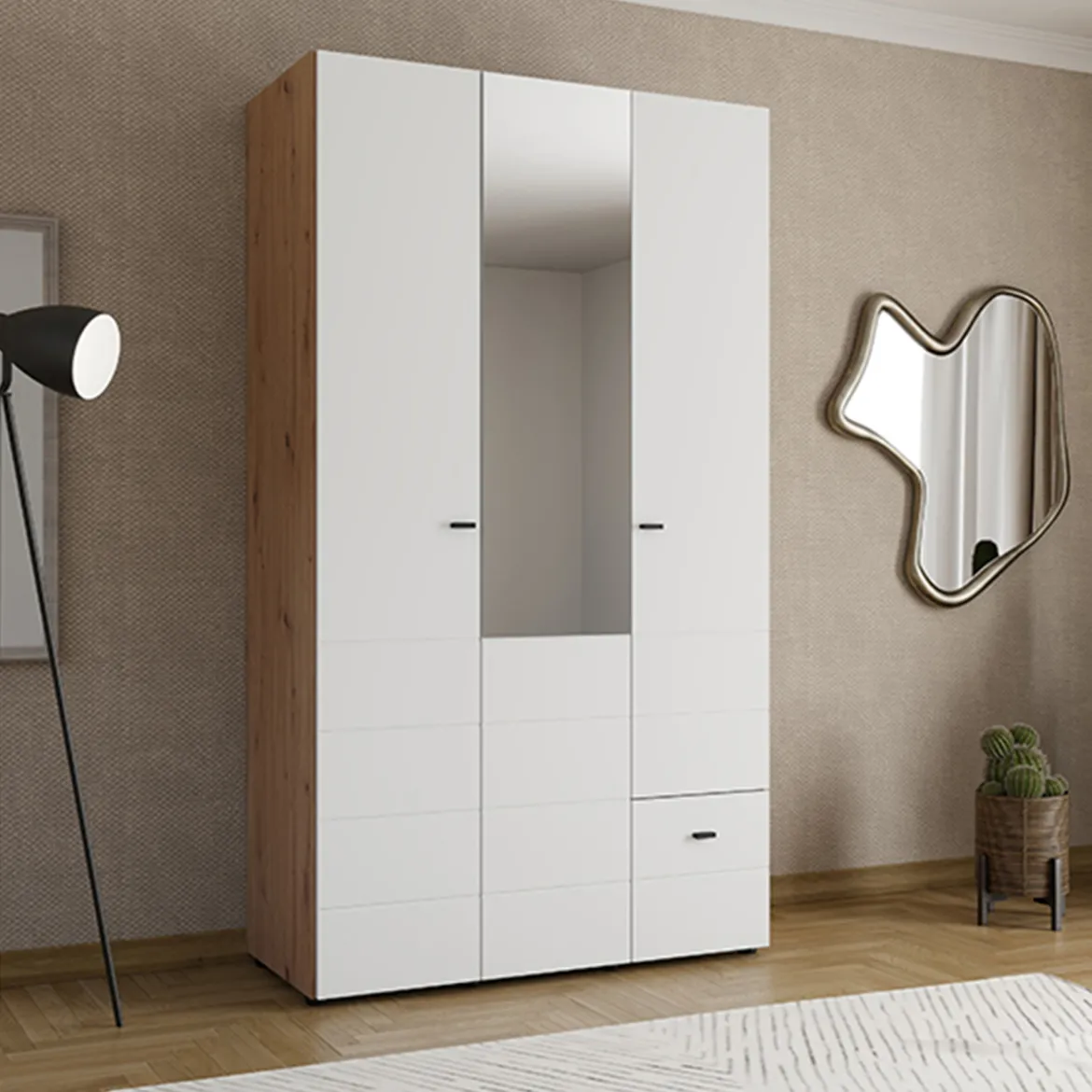 Guardaroba 3 Ante Bianco Opaco Nero Appendiabiti 4 Ripiani 117x52 cm, 3 Ante - Ouarza