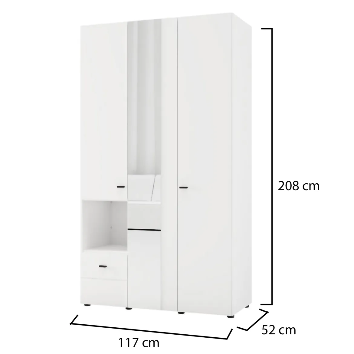 Guardaroba 3 Ante Bianco Opaco Nero Appendiabiti un Cassetto 117x52 cm, 5 Ripiani - Patzcu